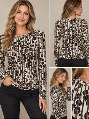 Marc Cain Striped Leo Leopard Jacquard Sweater Soft Cappuccino